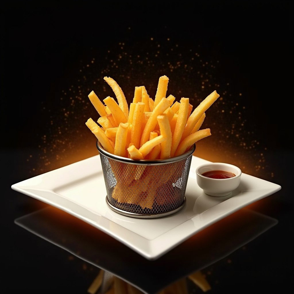 Crispy fries served in a metal round basket, elegantly presented on a sharp-edged, elongated square white plate with one longer side