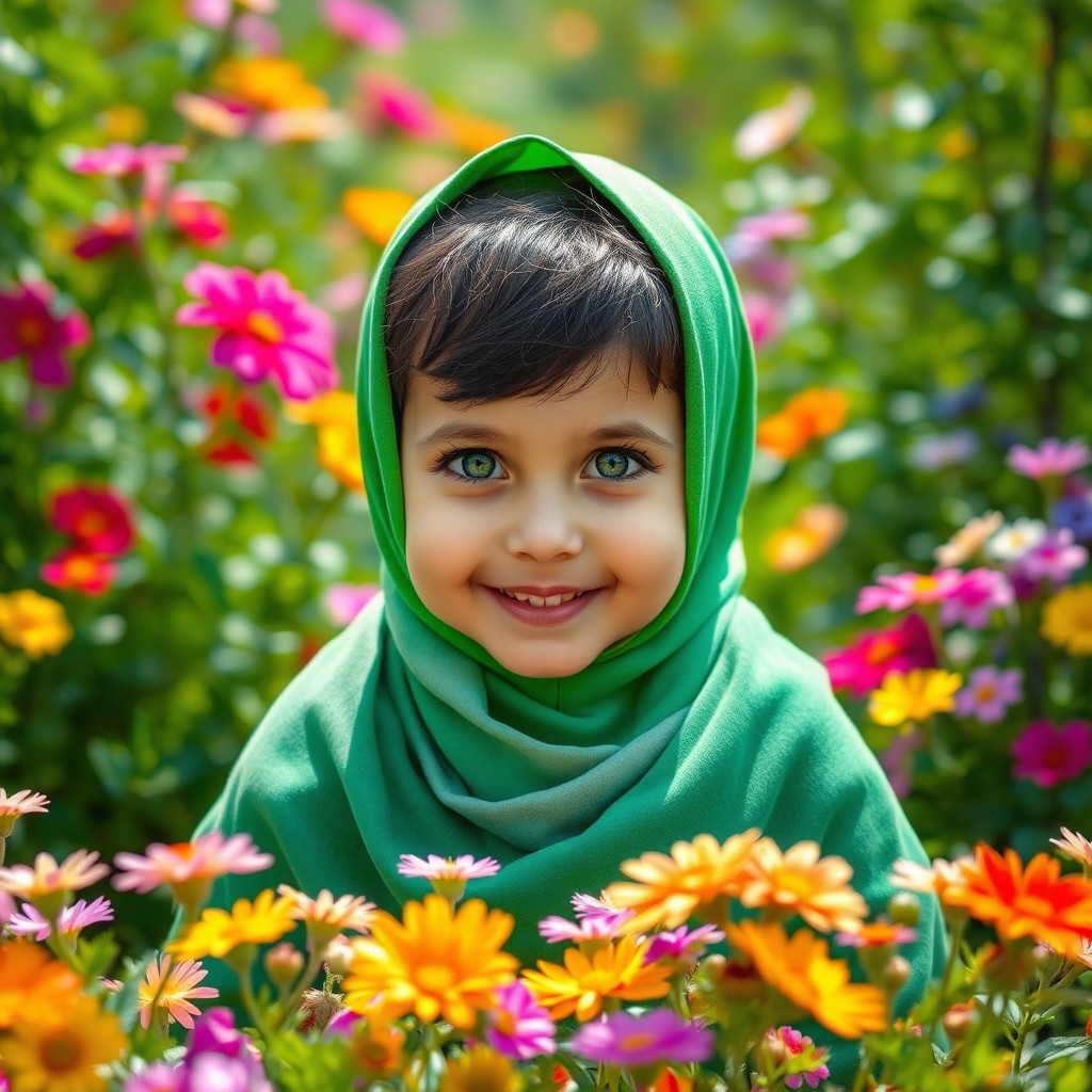 A young child with striking green eyes and black hair, wearing a green hijab and a green shawl