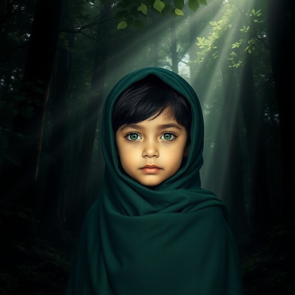 A young child with deep green eyes and black hair, wearing a dark green hijab and a green shawl