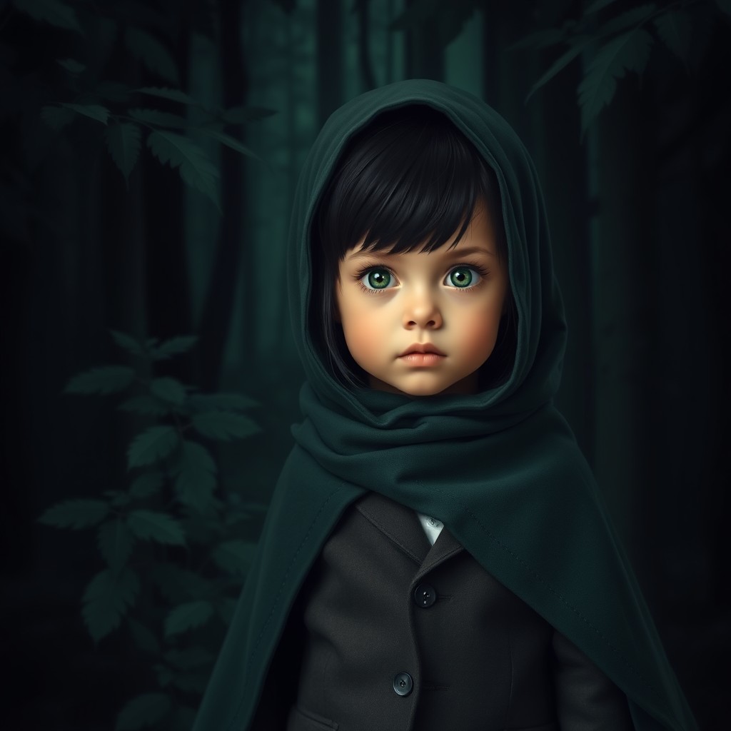 A young child with long black hair, wearing a dark green shawl instead of a hood, stands confidently among dark green trees