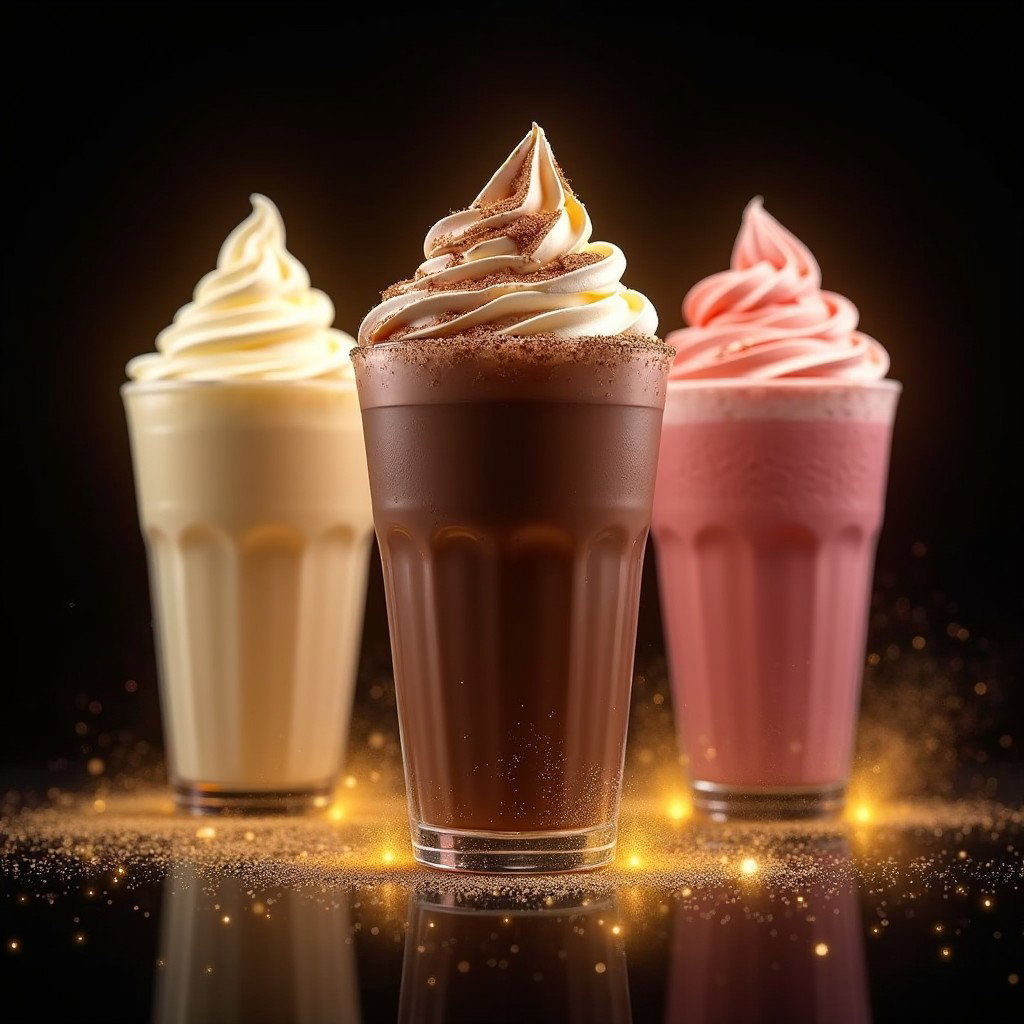 A tantalizing display of 5 oz floats featuring a choice of flavors: Vanilla, Chocolate, and Strawberry