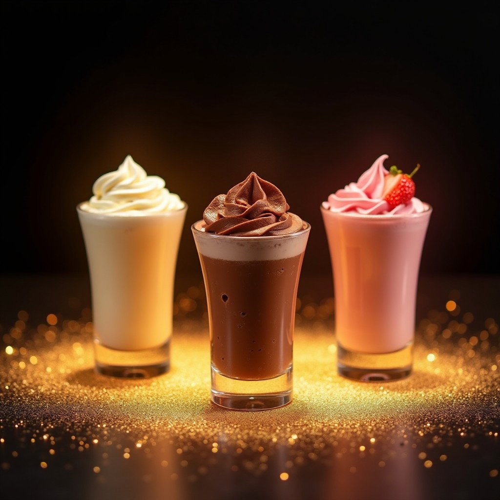 Small 5oz floats presented in elegant glasses, featuring choices of vanilla, chocolate, and strawberry flavors