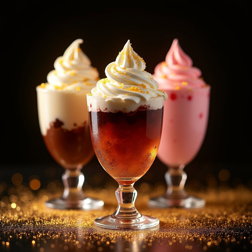 A collection of small 5oz ice cream floats featuring a choice of flavors: vanilla, chocolate, and strawberry