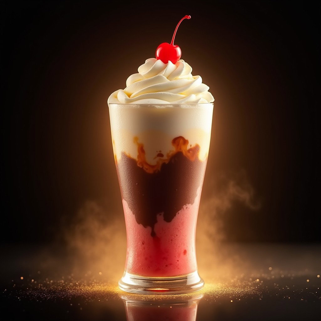 A large 12oz glass filled with an enticing ice cream float, showcasing a tempting choice of vanilla, chocolate, and strawberry flavors beautifully layered