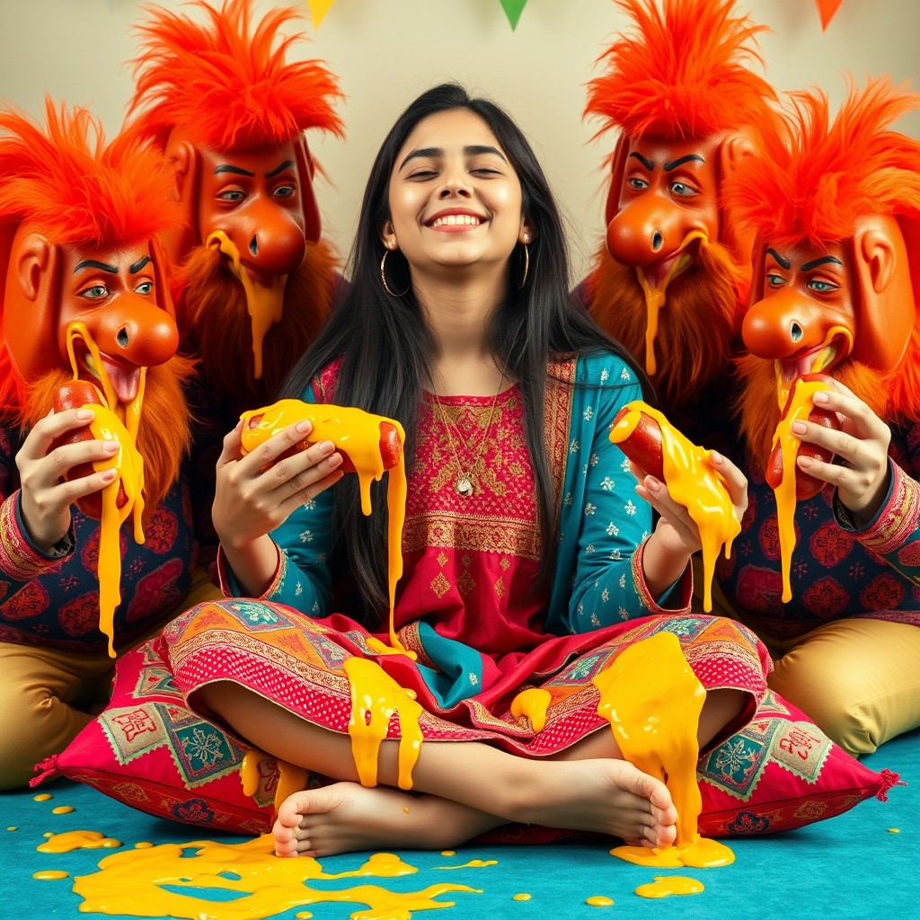 An 18-year-old Pakistani girl sitting cross-legged on a colorful cushion, smiling with her eyes closed, radiating joy