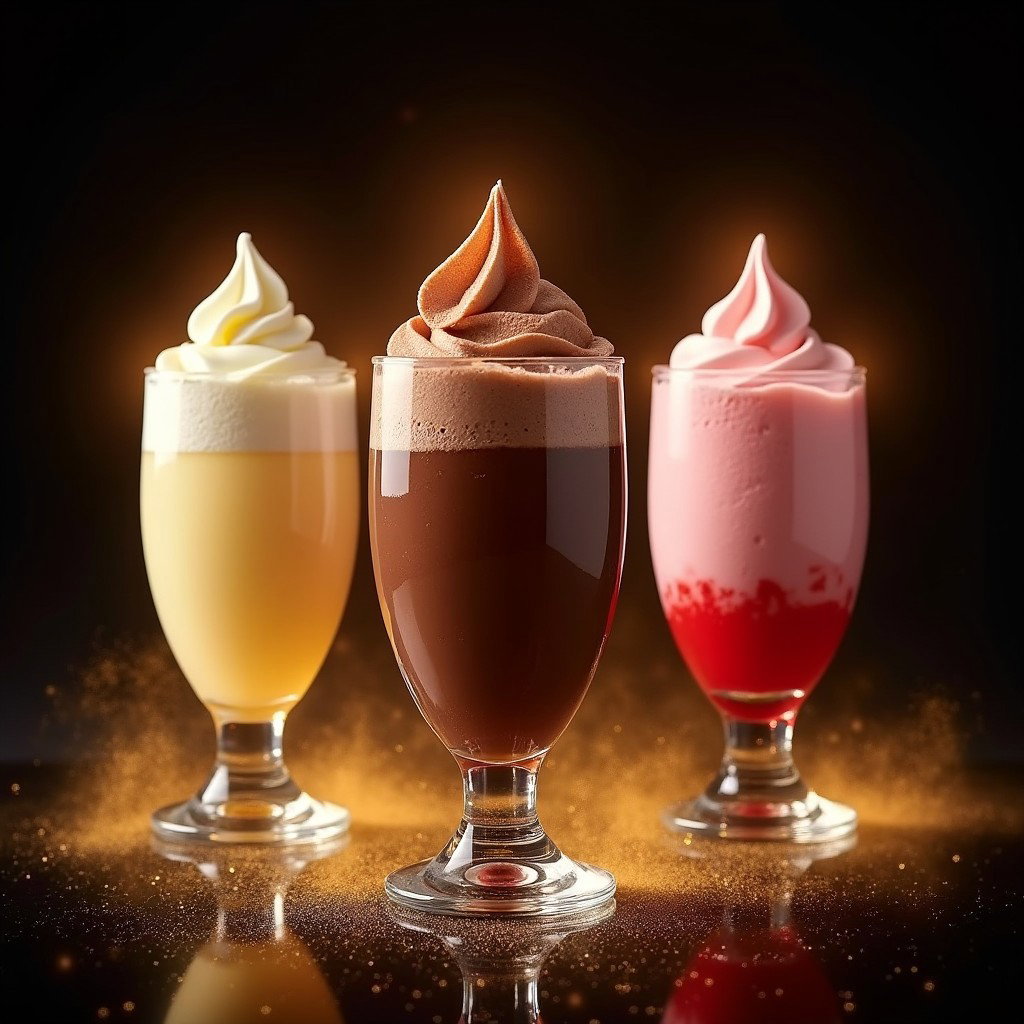 A delightful presentation of small ice cream floats served in 5oz glasses, featuring a choice of Vanilla, Chocolate, and Strawberry flavors