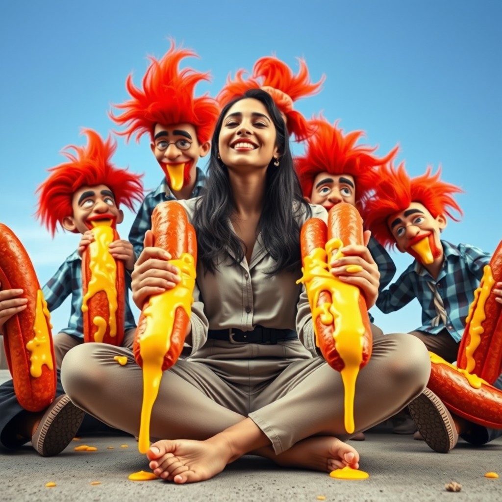 A vibrant and colorful scene featuring a young Pakistani woman, 18 years old, smiling with her eyes closed while sitting cross-legged on the ground