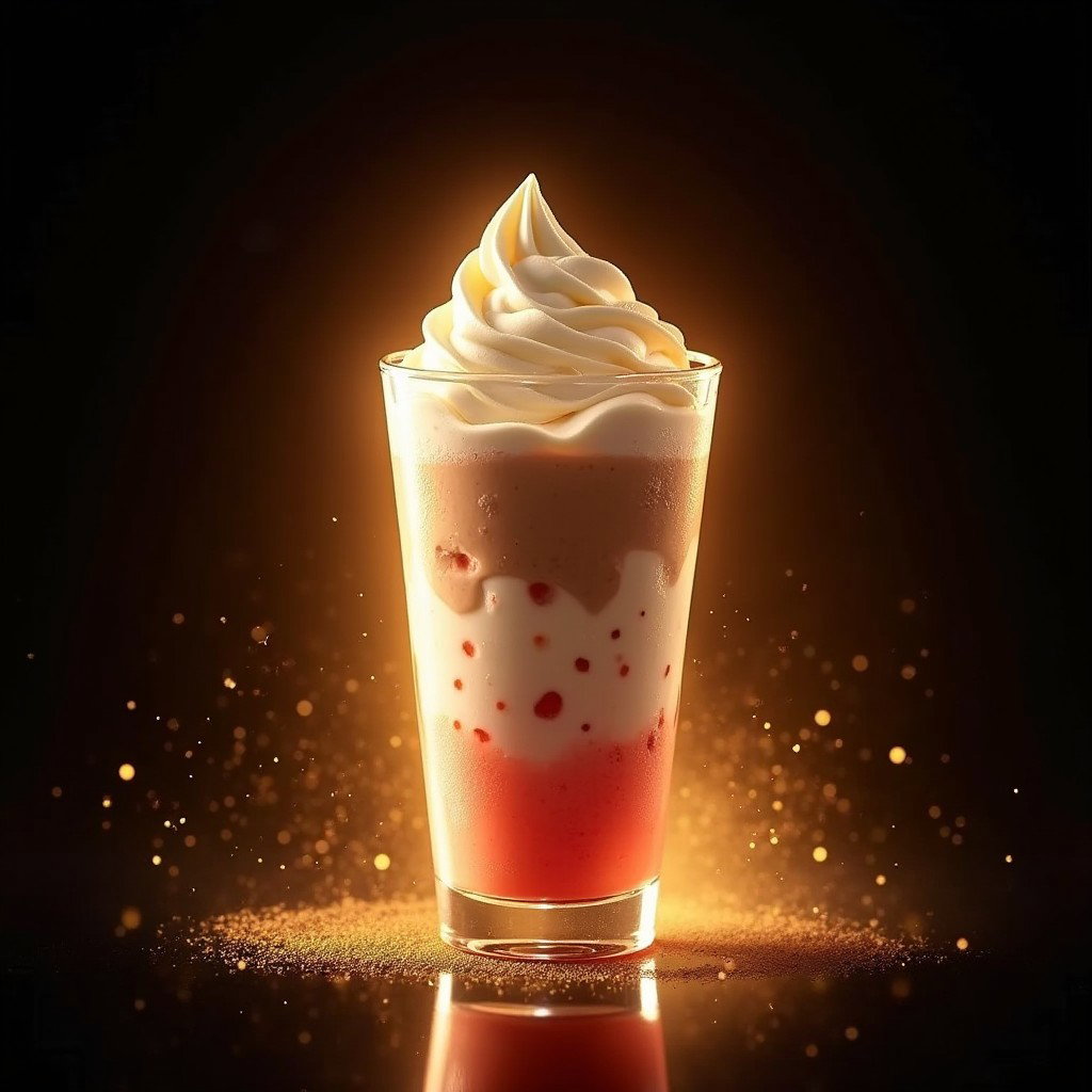 A delightful small ice cream float served in a 5oz glass, featuring a choice of Vanilla, Chocolate, or Strawberry ice cream