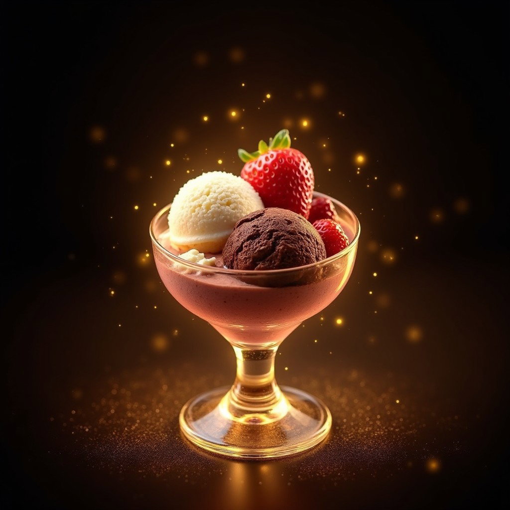 A small glass filled with 5 oz of ice cream, featuring scoops of vanilla, chocolate, and strawberry flavors presented elegantly