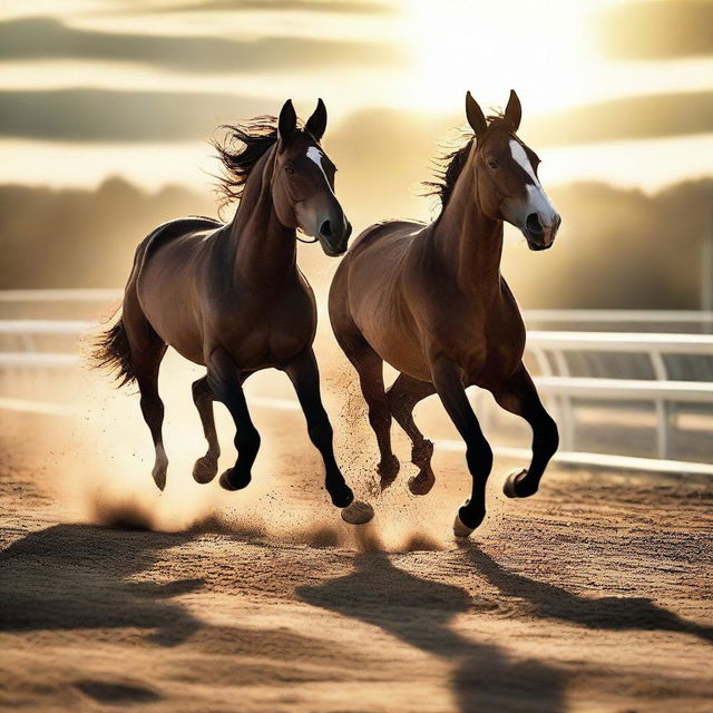 A dynamic image of a horse and a donkey racing each other on a sunlit racetrack, showcasing their speed and competitiveness.