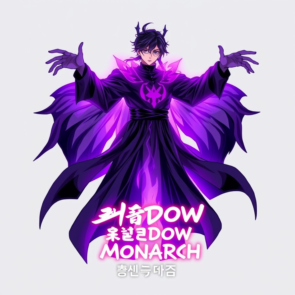 Sung Jinwoo depicted in his shadow monarch form, enveloped in a glowing purple aura, with shadows dramatically rising behind him