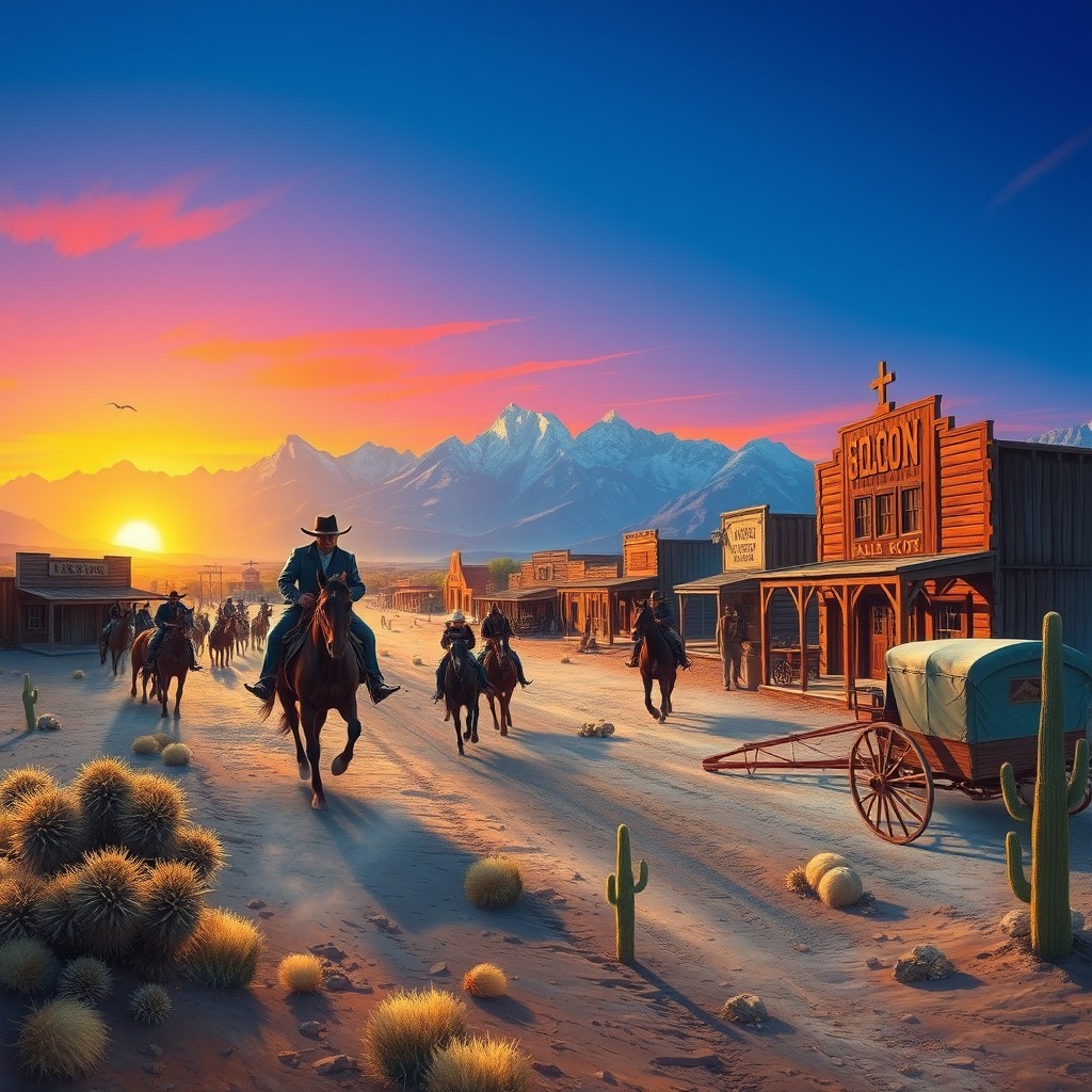A vivid depiction of a Wild West scene featuring cowboys in classic attire, engaged in activities such as horseback riding, playing cards outside a saloon, and a shootout in the foreground
