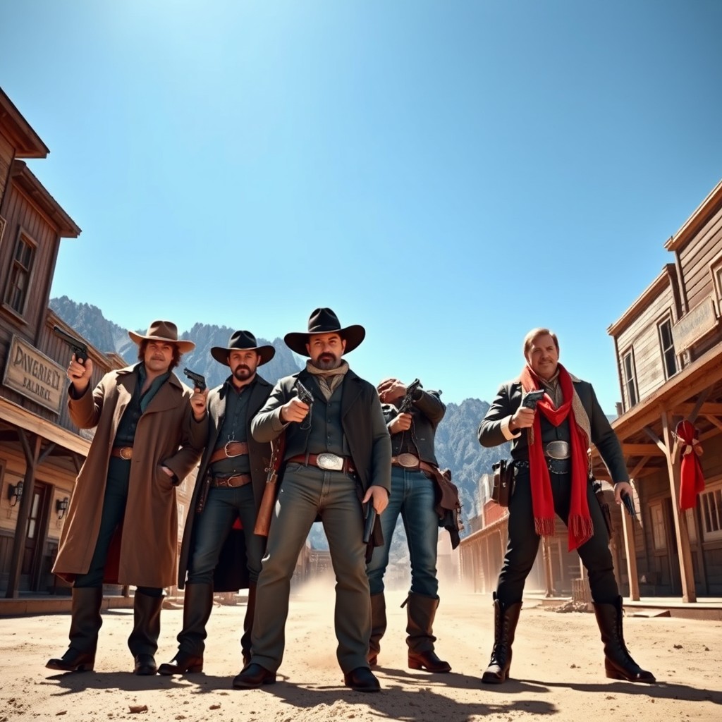 Four gunslingers of the Wild West standing confidently in the main street of a dusty frontier town, each equipped with their iconic revolvers
