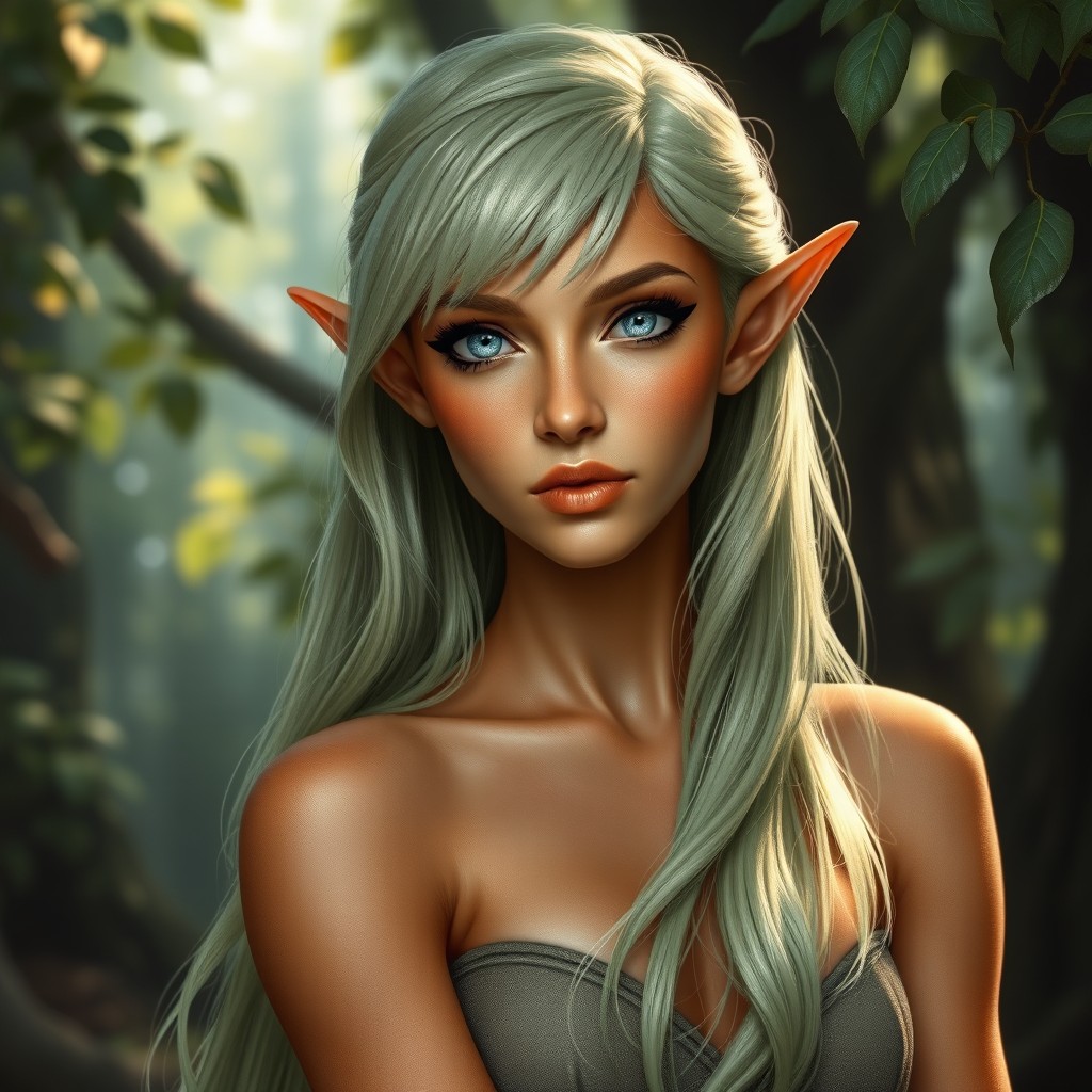 A stunning female elf with copper-toned skin, petite and slightly muscular build