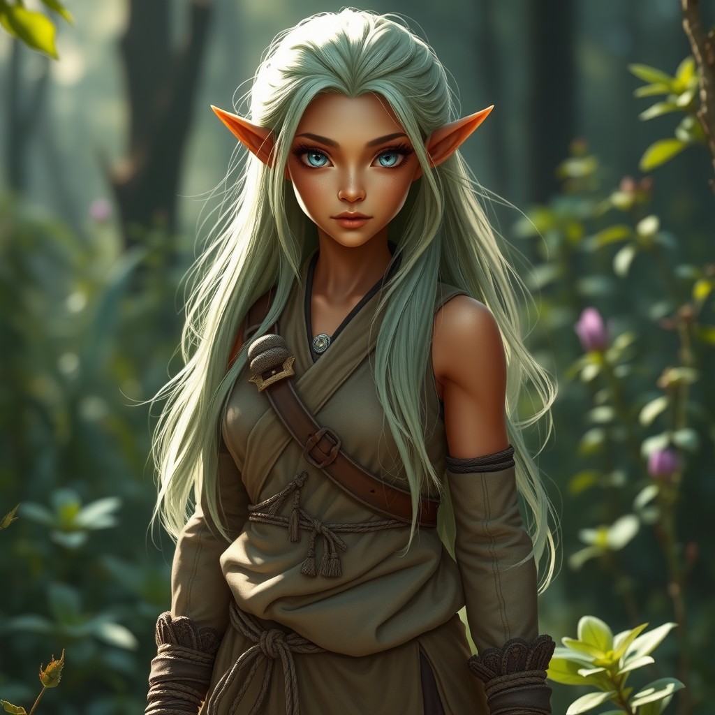 A captivating female elf with copper-toned skin, petite yet slightly muscular build, embodying the essence of a monk from the Way of Compassion