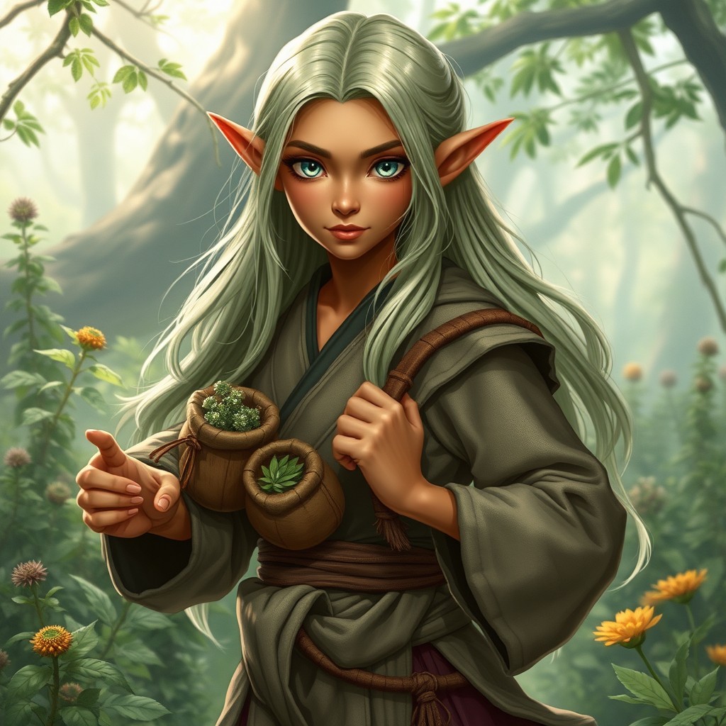 A captivating female elf with copper-toned skin, petite and slightly muscular
