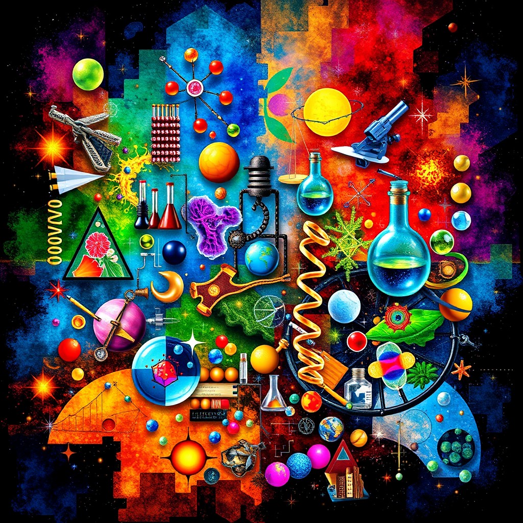 An intricate collage that stitches together various sciences, featuring elements representing physics (like atoms and energy fields), biology (like DNA strands and plant cells), chemistry (like colorful chemical reactions and lab equipment), astronomy (like stars, galaxies, and telescopes), and mathematics (like geometric shapes and equations)