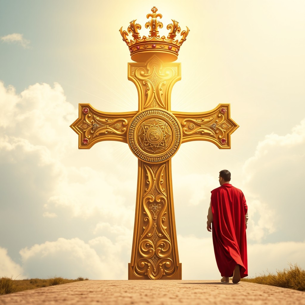 An ornate golden cross symbolizing Jesus, intricately designed with the Seal of Solomon at its center, surrounded by radiant golden light
