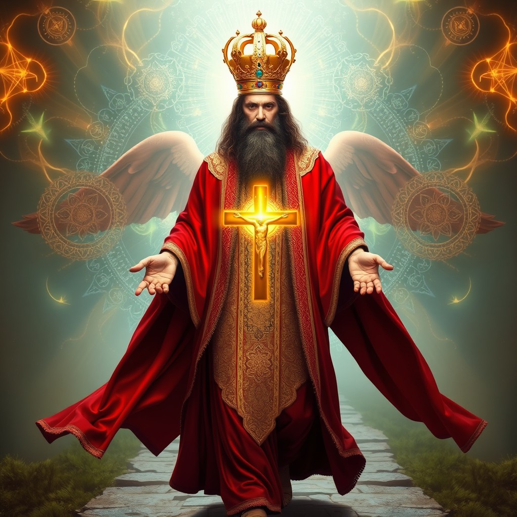 The magical chakra of King Solomon adorned with a golden crown, wearing a long red robe, walking on a straight path