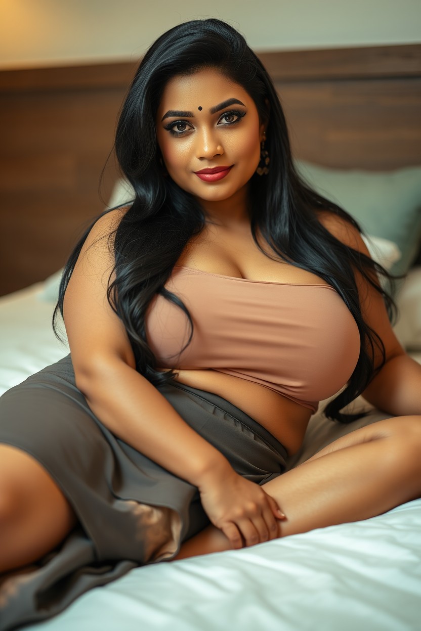 A beautiful South Indian woman with a voluptuous curvy figure, fuller bust, and wide hips, lying gracefully on a bed