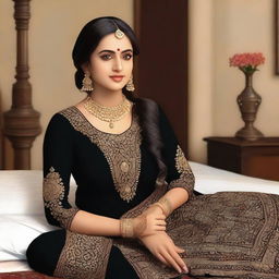 A high-quality digital art image, capturing an attractive woman in a black salwar suit, sitting gracefully on a bed