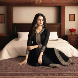 A high-quality digital art image, capturing an attractive woman in a black salwar suit, sitting gracefully on a bed