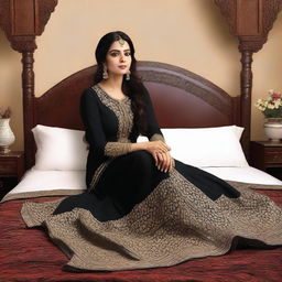 A high-quality digital art image, capturing an attractive woman in a black salwar suit, sitting gracefully on a bed