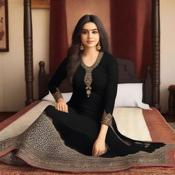 A high-quality digital art image, capturing an attractive woman in a black salwar suit, sitting gracefully on a bed