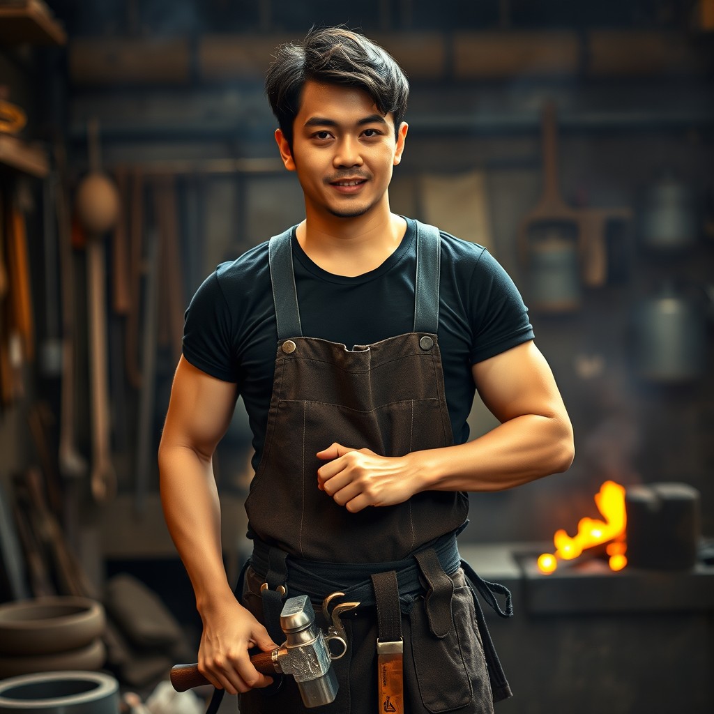 A Japanese 30-year-old male blacksmith, standing confidently at 5 foot 10 inches tall