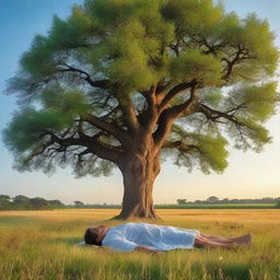 An idyllic scene of a man peacefully lying underneath a towering tree in a wide-open field, with a serene blue evening sky above him.