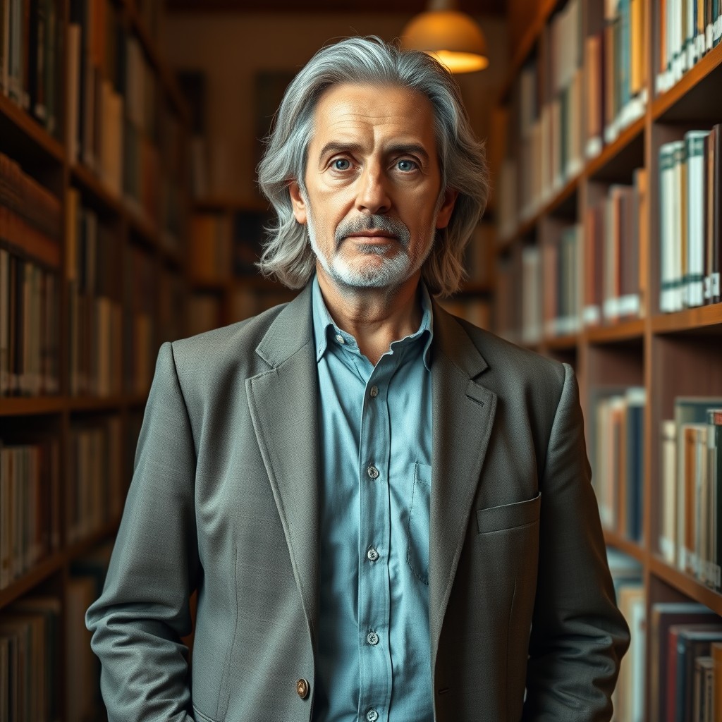 A full-length image of a 60-year-old male professor, exuding wisdom and intelligence