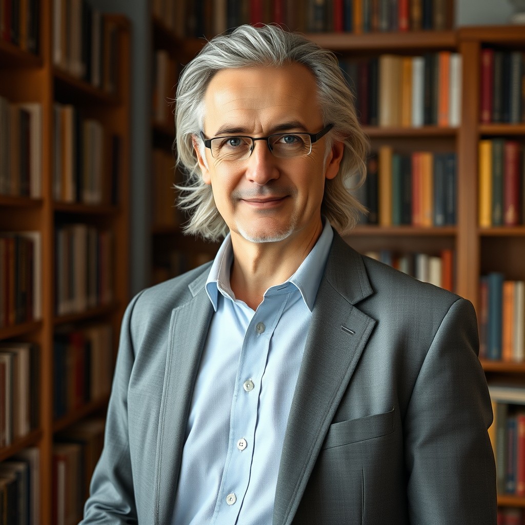 A full-length image of a 60-year-old male professor, exuding an aura of intelligence and wisdom