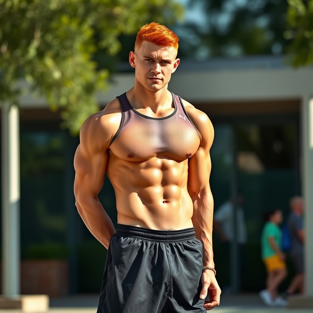 A 25-year-old Caucasian male standing tall at 6 foot 4 inches with a muscular build, showcasing his athletic physique