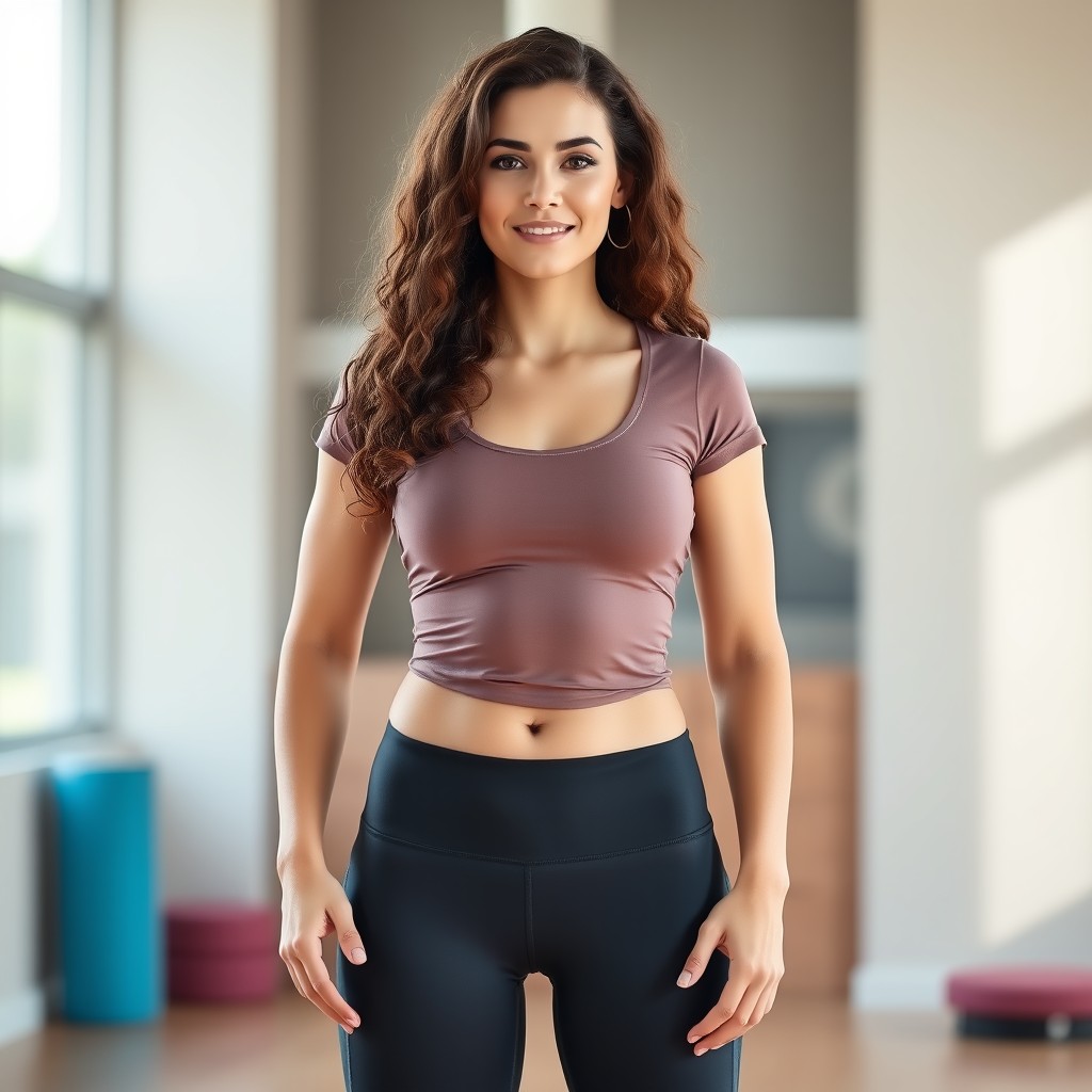 A full-length frontal image of a 6 foot 2 inch Caucasian female with an athletic yet slightly pear-shaped figure