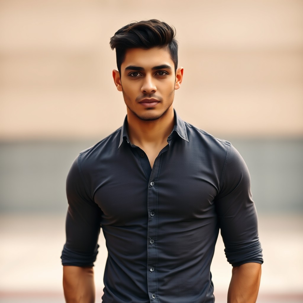 A full frontal image of a 25-year-old Hispanic male standing confidently at 5 foot 10 inches tall
