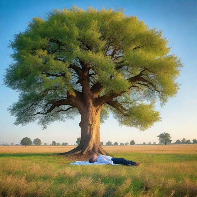 An idyllic scene of a man peacefully lying underneath a towering tree in a wide-open field, with a serene blue evening sky above him.