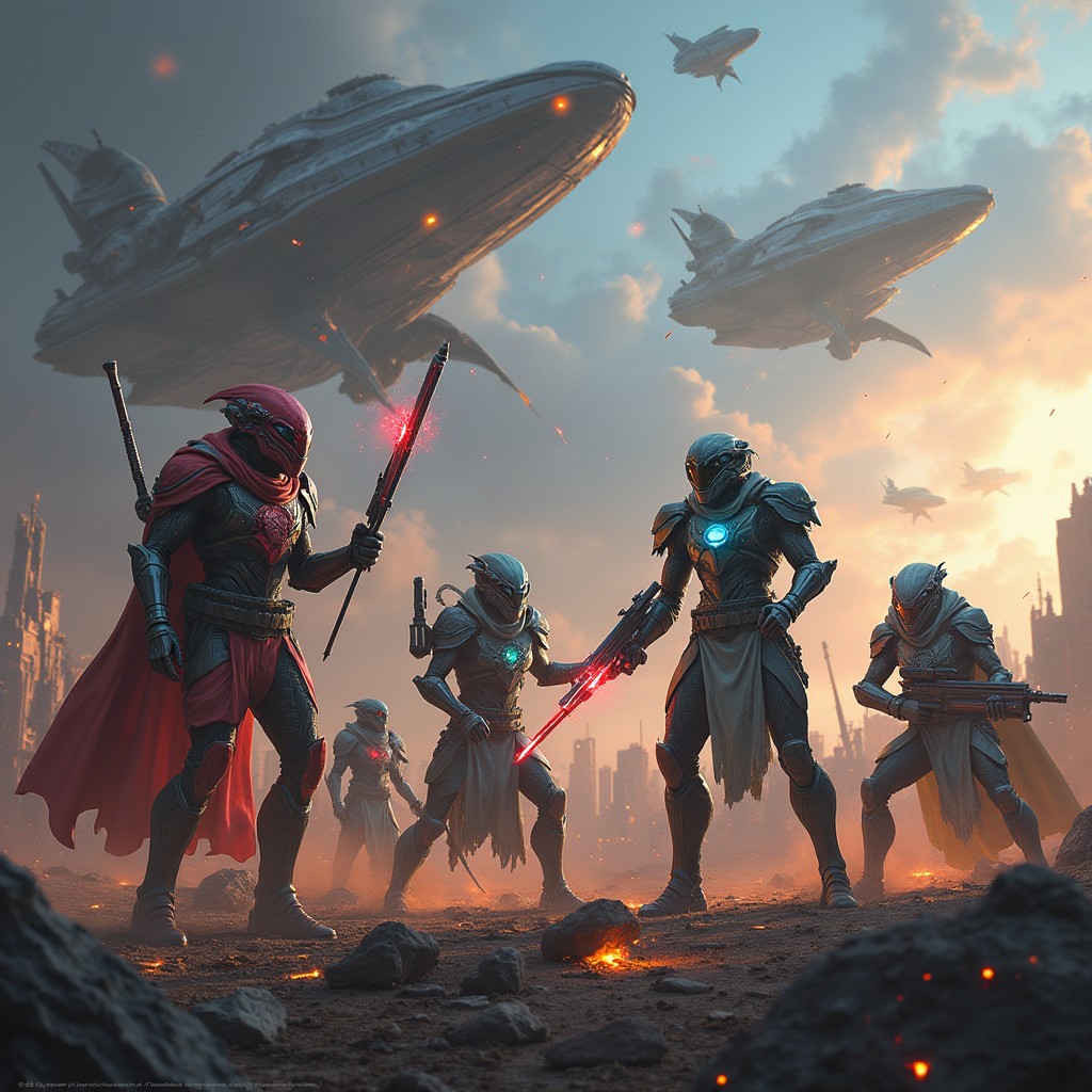 A breathtaking scene capturing the essence of a Galactic Rebellion, showcasing an array of courageous rebels from various alien species