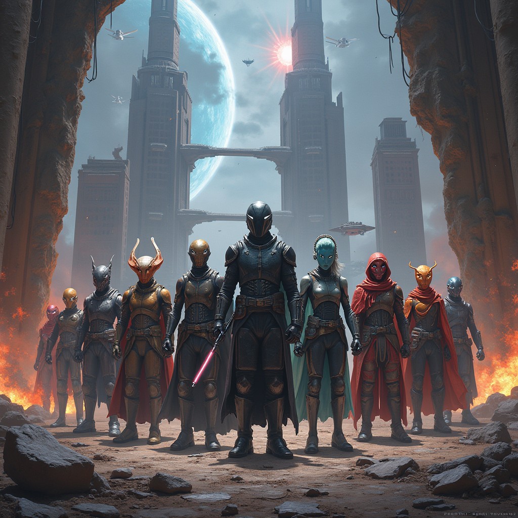 An epic portrayal of the Galactic Rebellion, illustrating a diverse band of rebels from various alien races, each equipped with unique armor and futuristic weapons