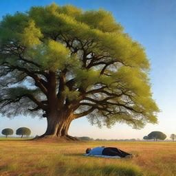 An idyllic scene of a man peacefully lying underneath a towering tree in a wide-open field, with a serene blue evening sky above him.