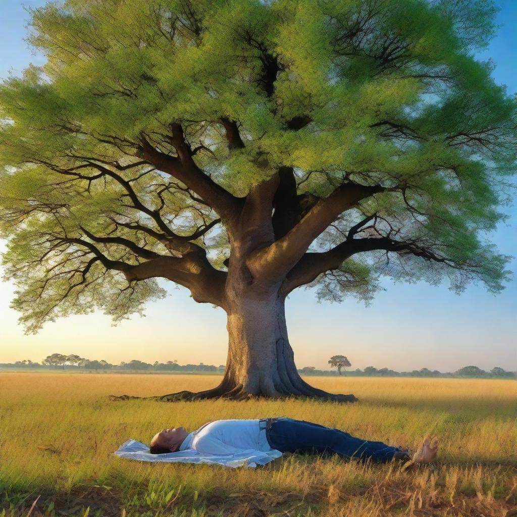 An idyllic scene of a man peacefully lying underneath a towering tree in a wide-open field, with a serene blue evening sky above him.