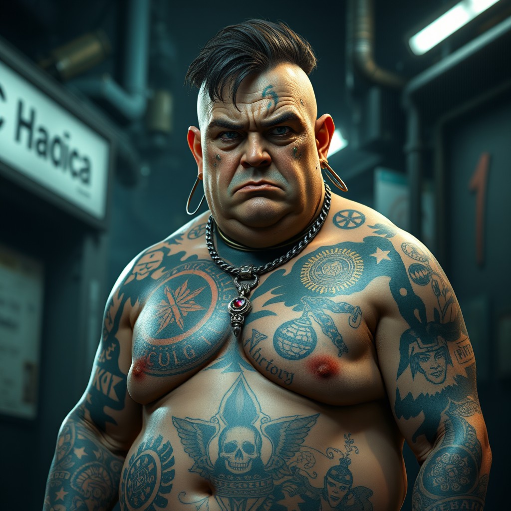 A 40-year-old male android standing at 5 feet 10 inches tall, characterized by an overweight and unconventional appearance