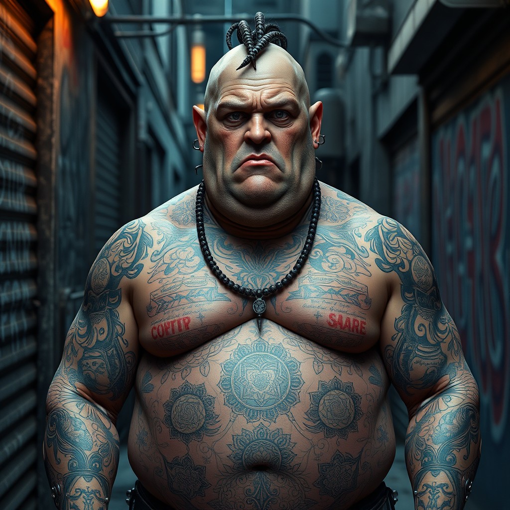 A 40-year-old male android standing at 5 feet 10 inches tall, characterized by an overweight and unconventional appearance
