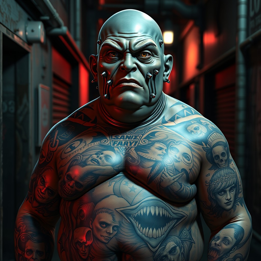 A 40-year-old male android, standing at 5 feet 10 inches tall, features an overweight and unsettling appearance