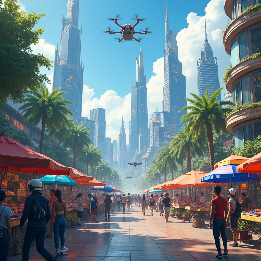 A sprawling futuristic cityscape known as 'The Last Free City', showcasing a vibrant blend of ultra-modern architecture and lush green spaces
