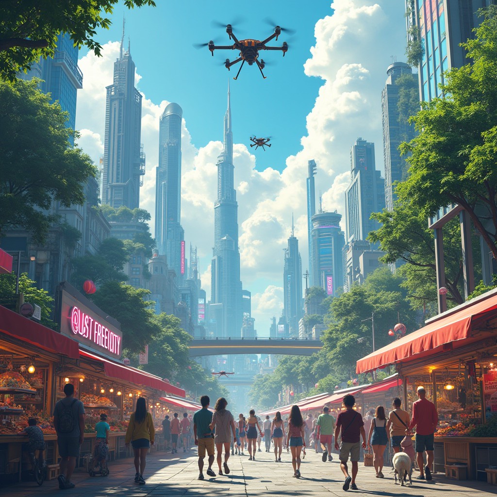 A sprawling futuristic cityscape known as 'The Last Free City', showcasing a vibrant blend of ultra-modern architecture and lush green spaces
