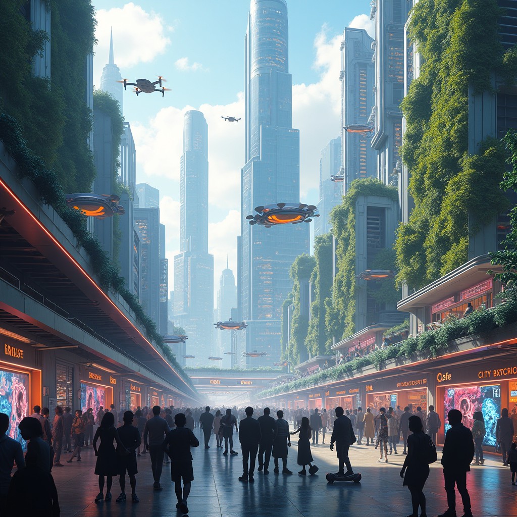 A sprawling futuristic cityscape known as 'The Last Free City', characterized by its breathtaking skyline filled with sleek, towering skyscrapers adorned with vibrant neon lights and holographic displays