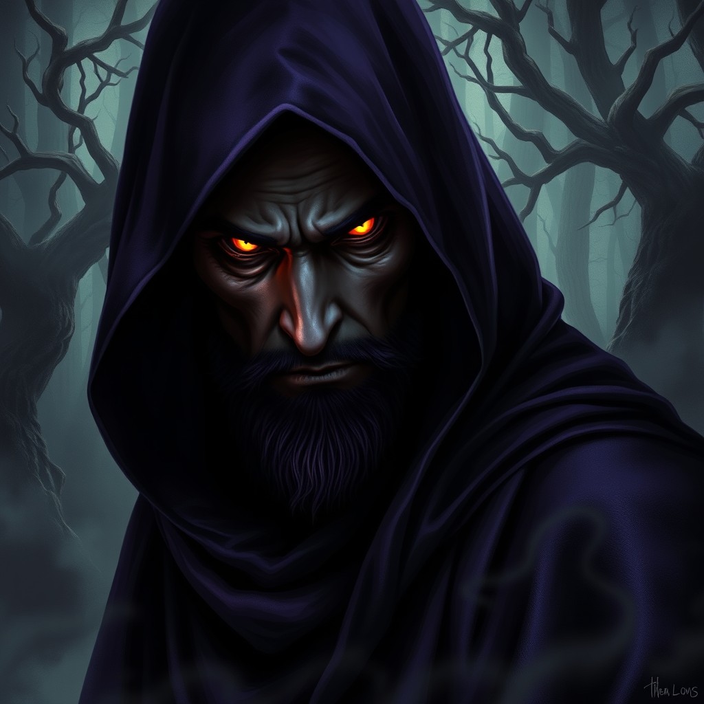 A dark wizard with spider-like eyes, featuring a long flowing hooded robe that shimmers in shades of deep purple and black