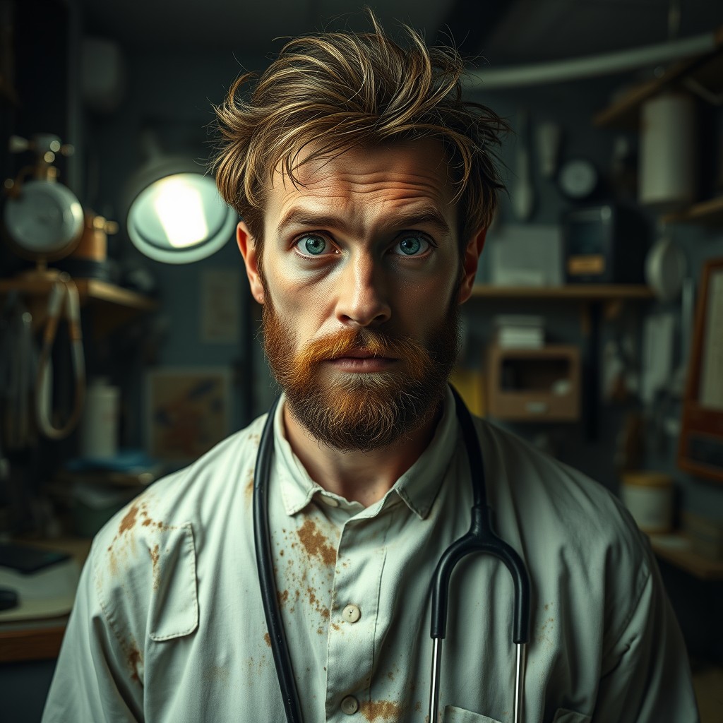A 5 foot 11 inch Caucasian male in his early 30s, wearing a deliberately soiled doctor's frock