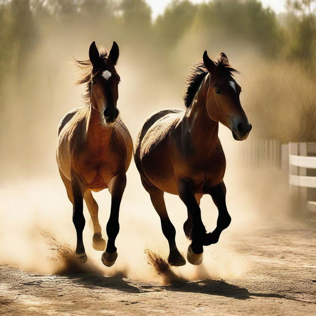 A dynamic image of a horse and a donkey in a spirited race on a sunlit track, with dust kicking up under their hooves as they stride towards the finish line.