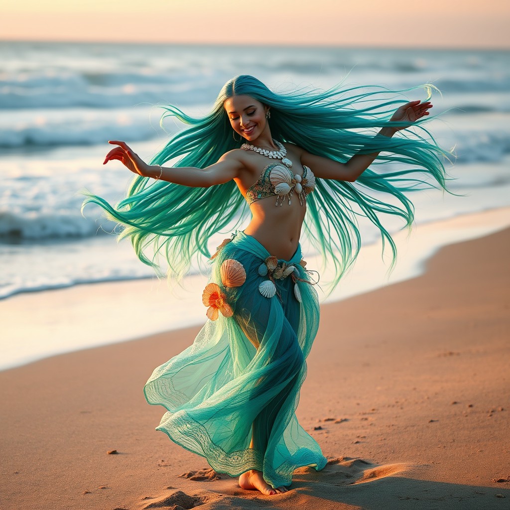 A Water Genasi female dancer captivatingly performing on a sandy beach at sunrise, her figure gracefully moving with fluidity that mimics the ebb and flow of water